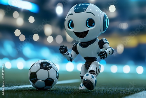 A robot playing soccer, with a cute character design and a cinematic feel