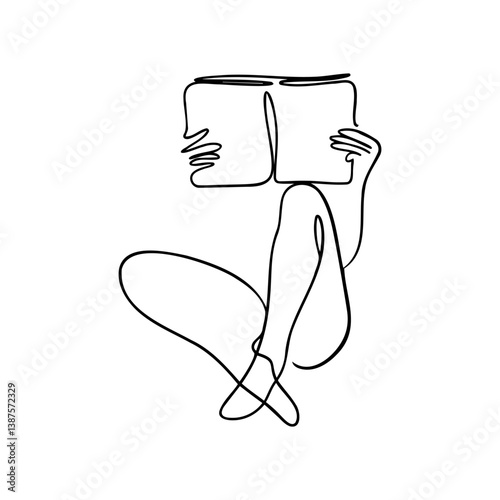 Line art of a person reading a book while sitting comfortably in a relaxed pose