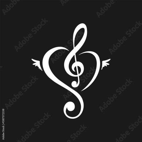 Heart shaped treble clef design with wings symbolizing the power of music and love