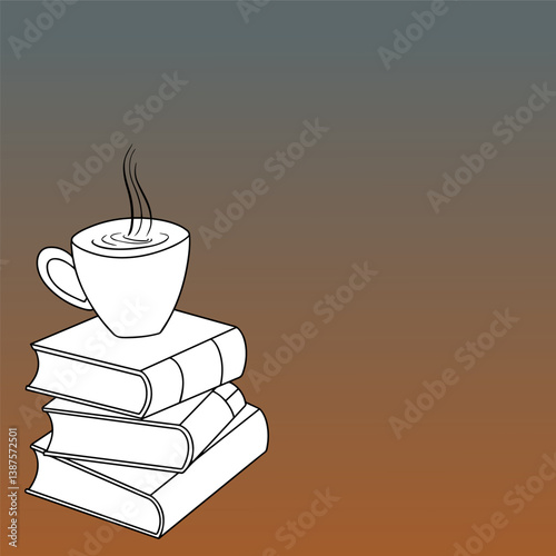 A stack of books with a cup of hot coffee on top