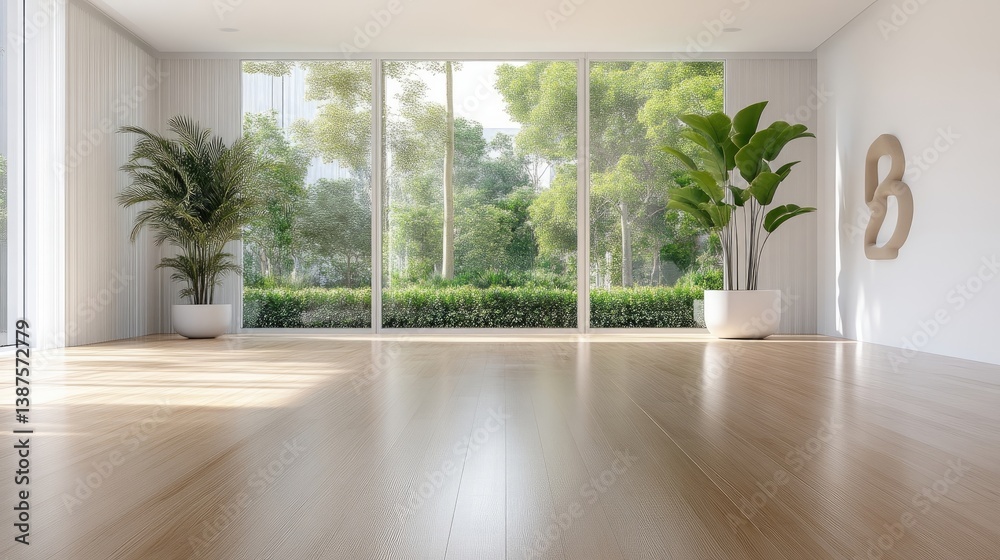Fototapeta premium Modern, bright, minimalist interior with large windows showcasing a lush garden