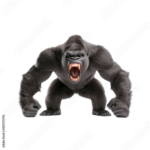 A fierce gorilla with open mouth displays aggression, showcasing its powerful stance and muscular build. dark fur and intense expression emphasize its strength and dominance