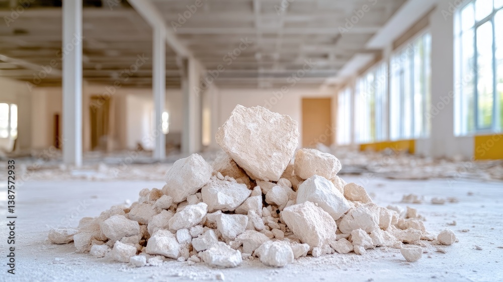 Pile of demolition debris in an empty office space