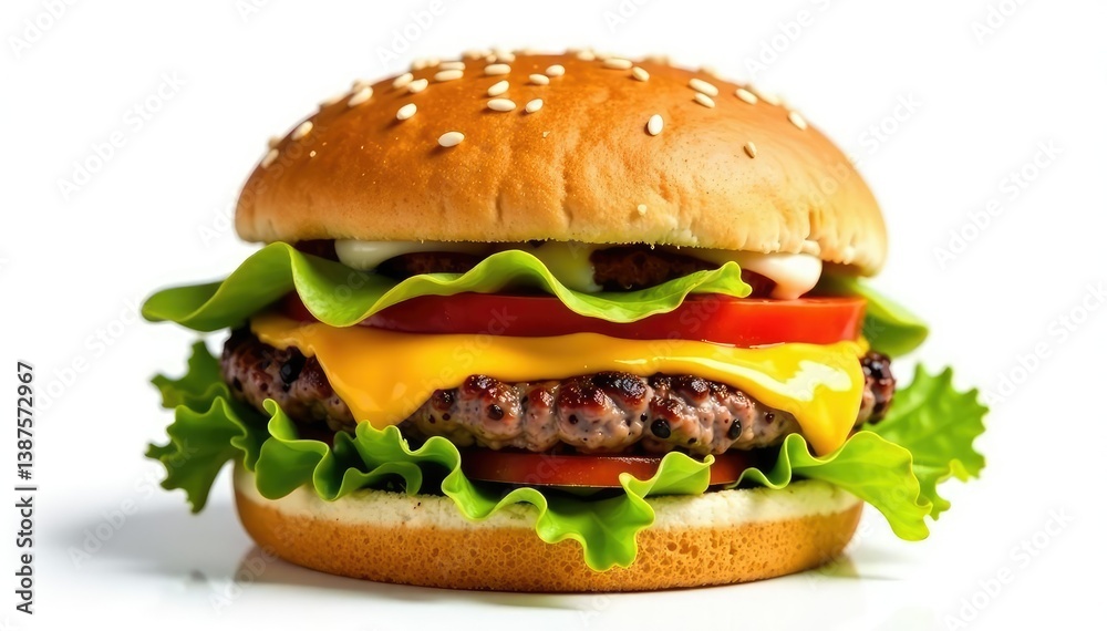 Burger with melted cheese isolated on white backdrop , beef burger, gourmet burger, junk food Burger with melted cheese isolated on white backdrop , beef burger, gourmet burger, junk food