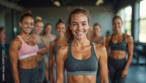 Group young girls smile gym. Women wear sportswear. Fitness exercise in sport center. People happy healthy lifestyle. Girls workout, active time, friendship in modern gym.