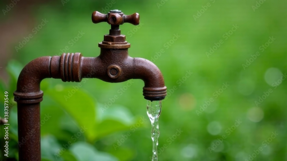 Rusty water tap with flowing water in garden setting on blurred green background. Rusty water tap with flowing water in garden setting on blurred green background.