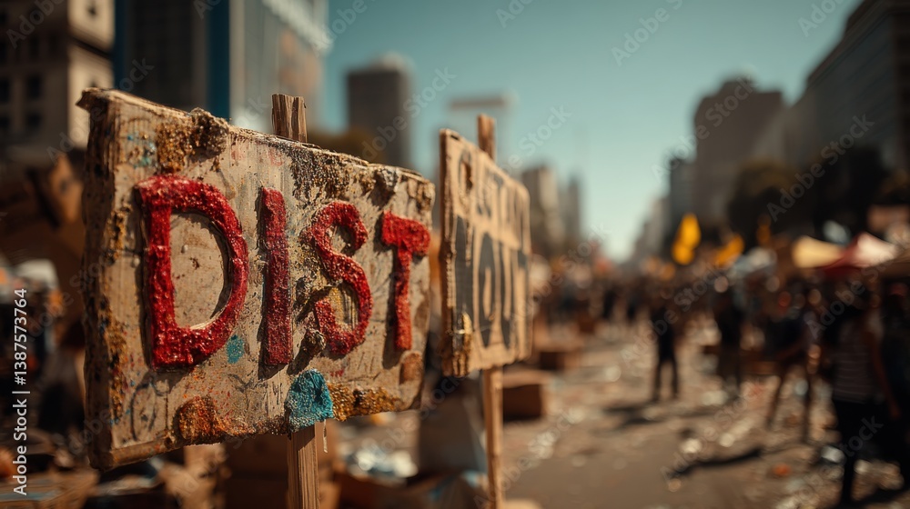 Fototapeta premium Protest scene with a sign in focus and blurred background activity.