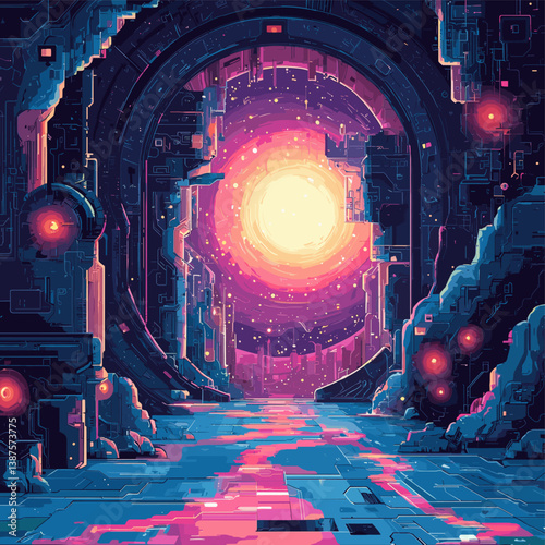 Futuristic neon corridor leading to a glowing sun