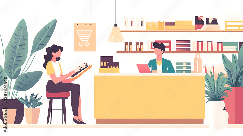 Fototapeta premium New customer exploring a product catalog with a store assistant in a relaxed setting 