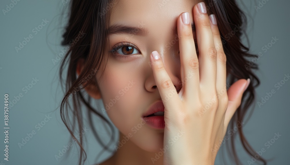 This striking portrait features a young woman with soft, glowing skin, partially obscured by her delicate hand. Her expressive eyes and subtle makeup create an intimate atmosphere, evoking feelings of This striking portrait features a young woman with soft, glowing skin, partially obscured by her delicate hand. Her expressive eyes and subtle makeup create an intimate atmosphere, evoking feelings of