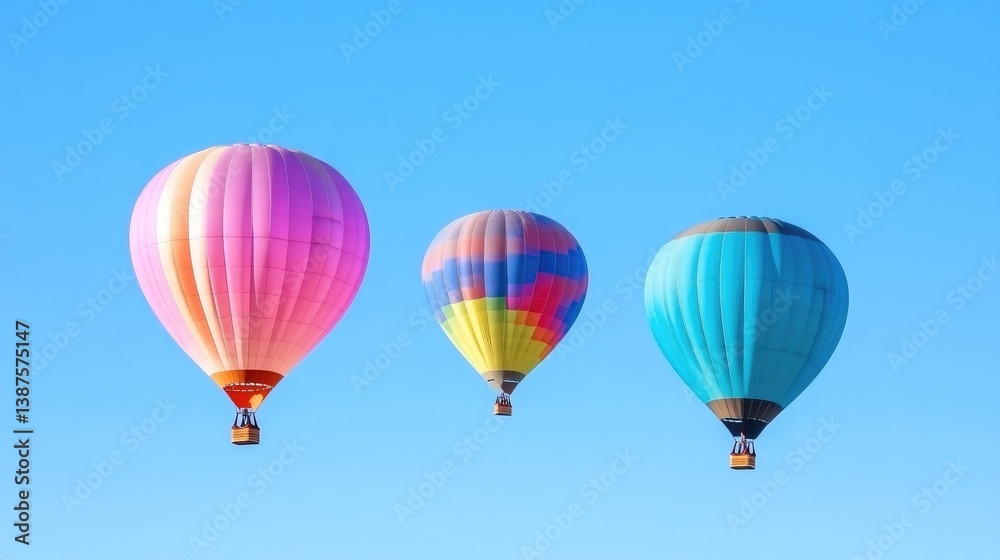 Fototapeta premium Three hot air balloons float against a clear blue sky. A large pink balloon leads, followed by smaller multicolored and teal balloons. The image is sharp and well-lit, exhibiting a cheerful aesthetic