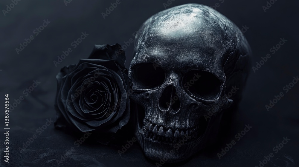 Fototapeta premium Monochrome Skull and Rose Still Life with Dark Moody Tone