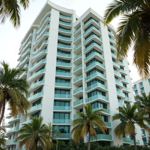 Modern white high-rise building with glass balconies surrounded by palm trees. Exterior apartment architecture, condo in Miami. Tropical resort vacation destination.