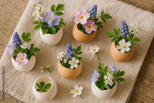 Mini compositions florales dans des coquilles d'œufs posées sur un tissu en lin, idée de décoration naturelle et créative pour Pâques ou printemps photo
