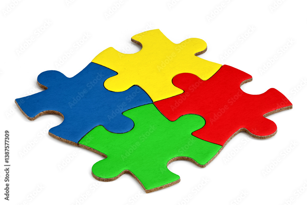 Four assembled puzzle pieces in different colors on white background, concept for teamwork, creativity, logical thinking or problem solving Four assembled puzzle pieces in different colors on white background, concept for teamwork, creativity, logical thinking or problem solving