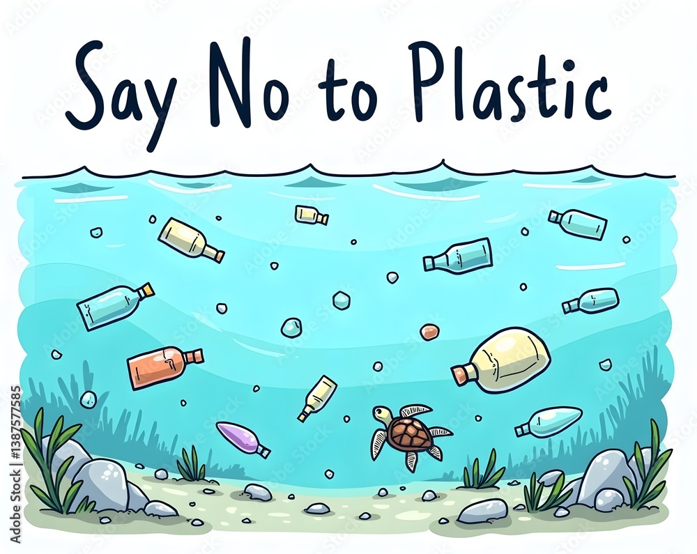Naklejka premium Cartoon sea turtle swims through plastic underwater, raising awareness about ocean pollution.