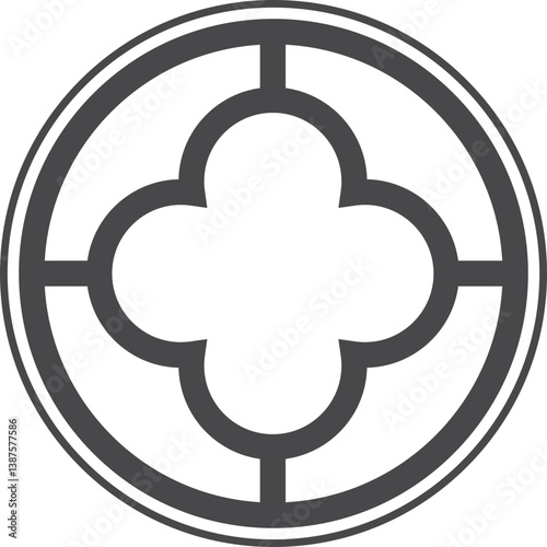 Gothic circle rose window with medieval ornament. Cathedral rosette. Christian architecture element with stained glass. Radial frame.