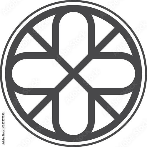 Gothic circle rose window with medieval ornament. Cathedral rosette. Christian architecture element with stained glass. Radial frame.