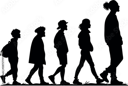 Silhouettes of five people walking in profile, varying in age and style, on grass, symbolizing growth, diversity, and generational progress
