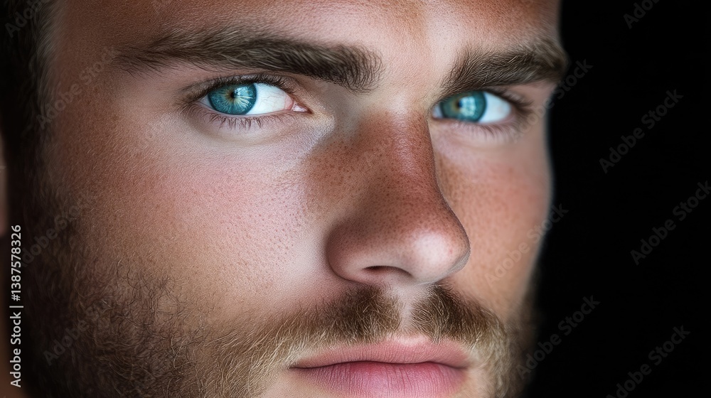 Naklejka premium Close-up portrait of a man with intense gaze and striking blue eyes. Detailed view of facial features, including a short beard and expressive eyes