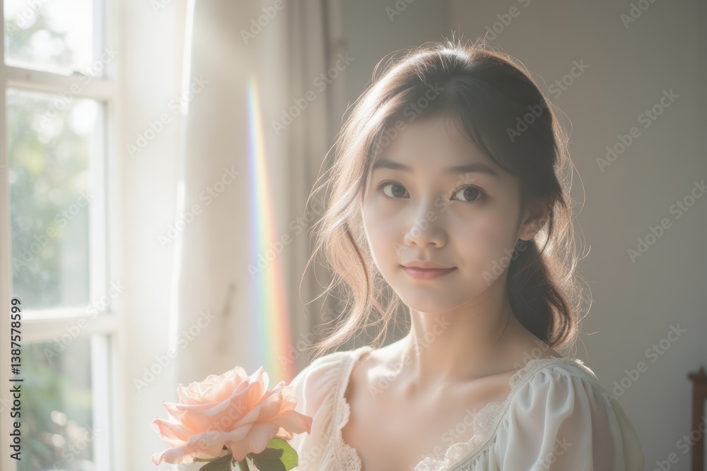 Smiling Asian Woman Holding Rose by Window, Soft Light, Serene Portrait, Feminine Beauty Smiling Asian Woman Holding Rose by Window, Soft Light, Serene Portrait, Feminine Beauty