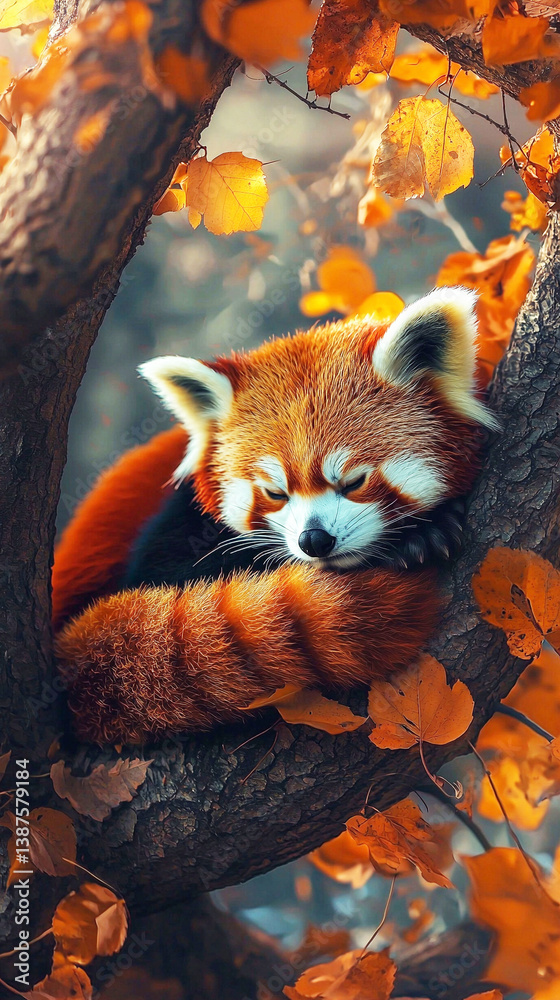 Naklejka premium 木の上で眠るレッサーパンダ 