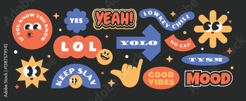 Trendy colorful groovy funny sticker with slang and quotes word gen z millenials. Y2k style vintage art.