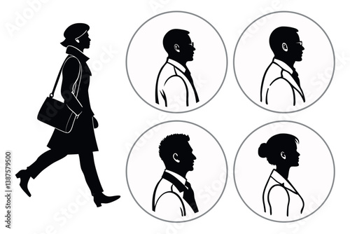 Silhouette business avatar portraits of professionals in profile and frontal views, usable for corporate branding or contact info