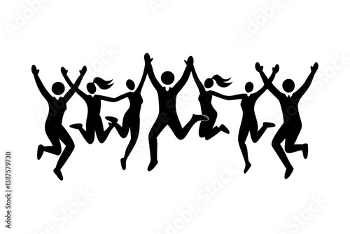 Silhouette of people jumping with enthusiasm and happiness, expressive figures symbolizing freedom, fun, and togetherness