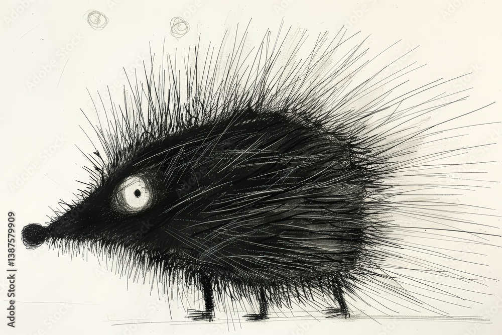 Obraz premium Black and white drawing of a spiky animal with a black nose and big eyes