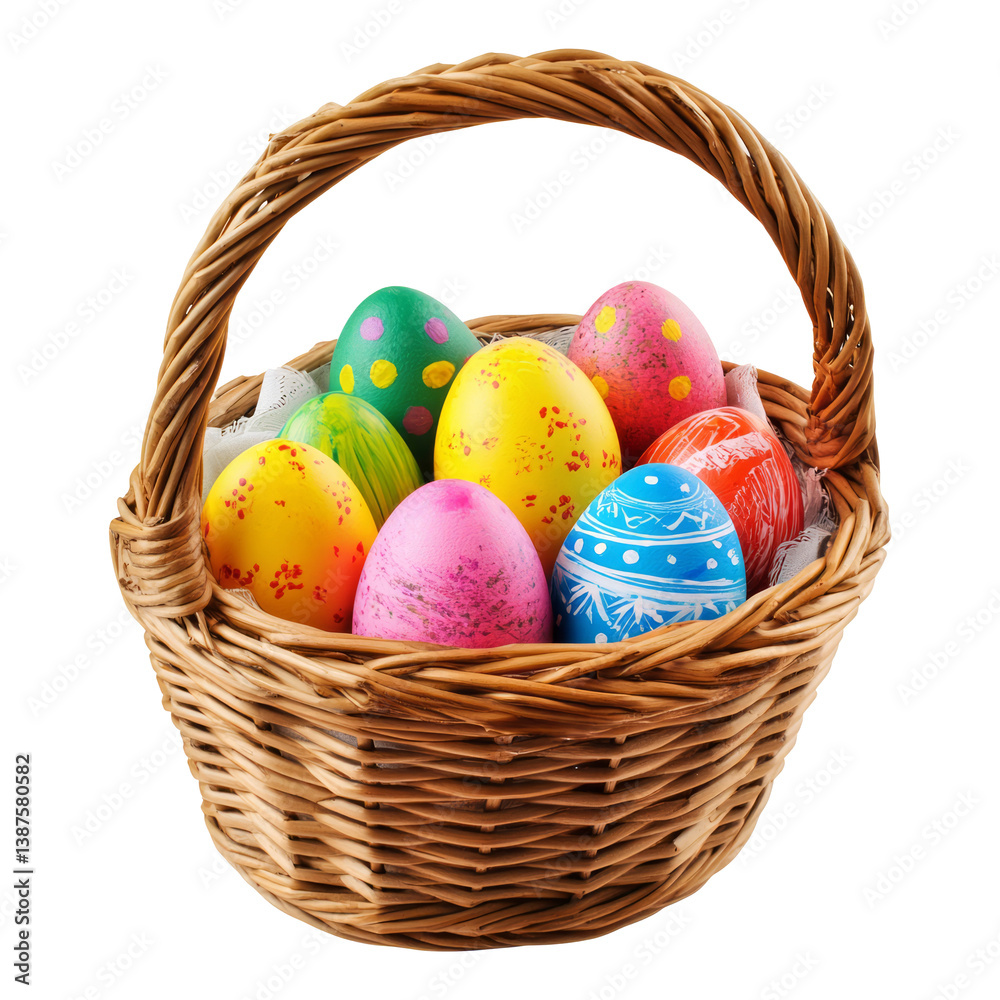 Naklejka premium Colorful easter eggs in wicker basket isolated on transparent background