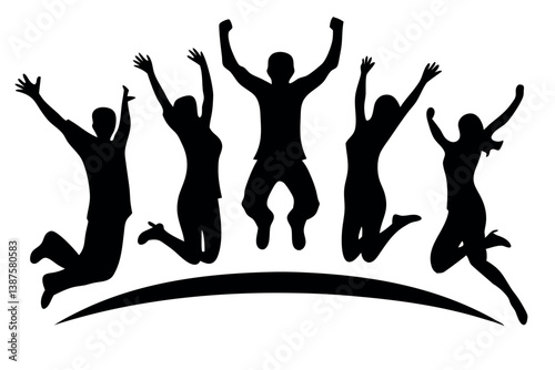 High energy jump silhouettes in unity, concept of achievement, support and shared happiness in minimalist bold black graphic