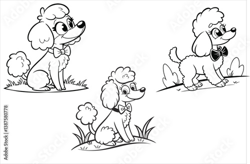 A black and white line cartoon little dog, silhouete with white  background.