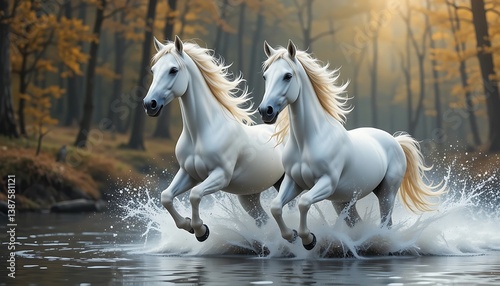 Two White Horses Running Through Water in a Forest Landscape