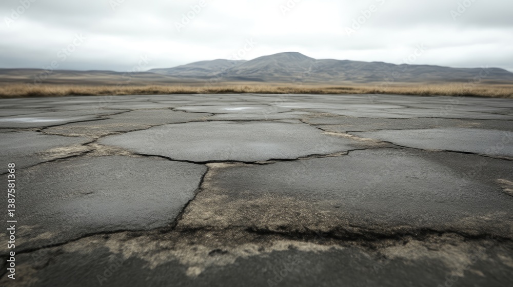 Fototapeta premium Damaged asphalt road stretching to a distant mountain range. Patches of cracked and broken pavement