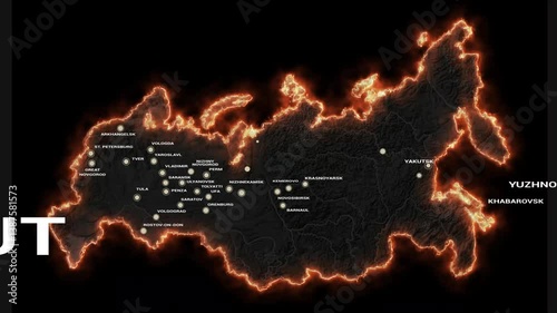 The territory of Russia with a fiery border marked with large cities