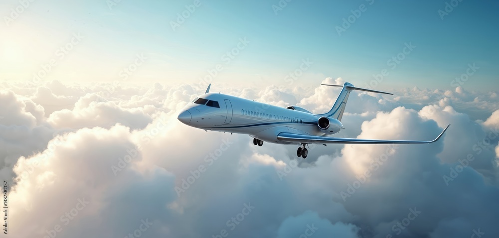 Fototapeta premium Illustration of a modern jet plane flying high above clouds in a bright sky. Travel, business, and transportation concept. Passenger airliner. Commercial flight.