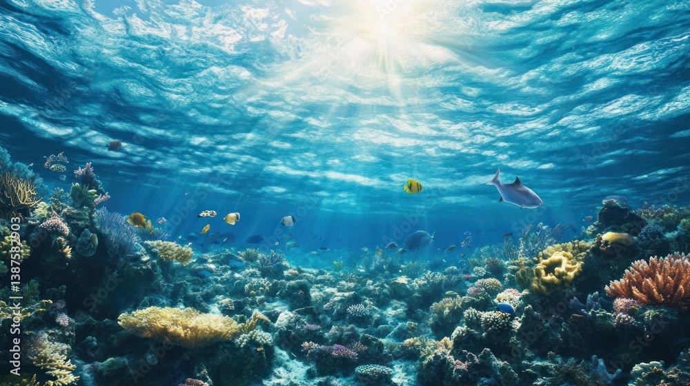 Fototapeta premium Sunlit underwater seascape teeming with marine life and vibrant coral reefs