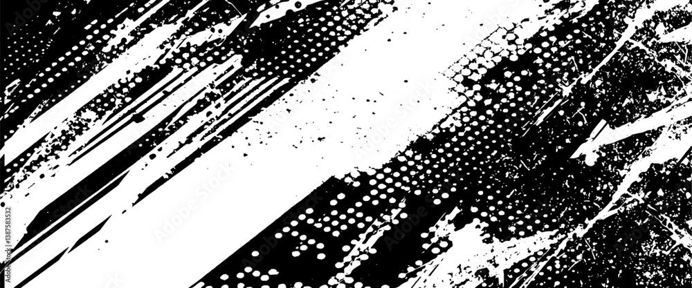 Vector modern abstract black splat grunge background with halftone dots pattern texture.