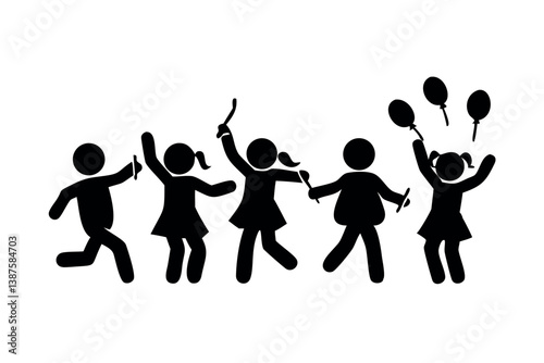 Silhouettes of children dancing, playing with instruments and balloons, perfect for celebration and joyful moments