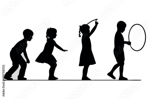 A sequence of children in various playful poses, from running to playing with hoops, representing childhood fun