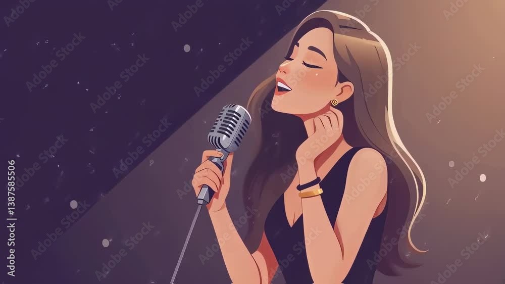 Singing Woman Holding Microphone with Stage Lighting Cartoon Style