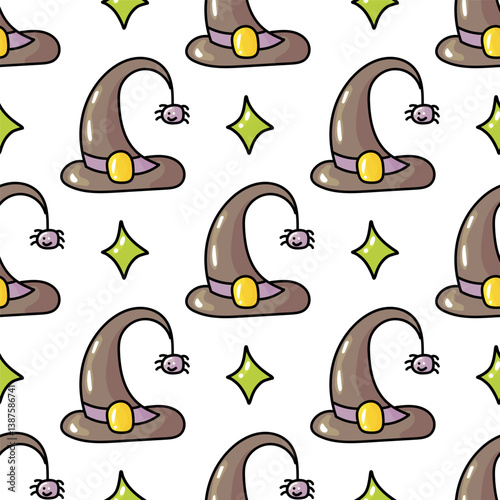 Hand drawn cute seamless pattern with cartoon Witch Hat and spider in doodle design