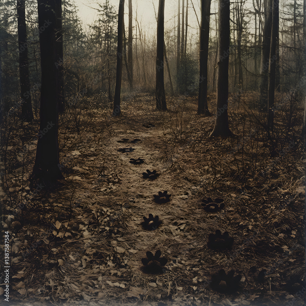 Naklejka premium Intricate Tapestry of Animal Tracks: A Story Told in Footprints in the Forest's Embrace