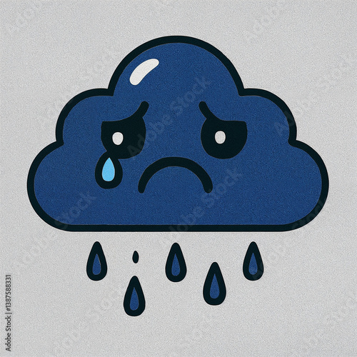 Kawaii cartoon cloud emoji expressing sadness and rain  