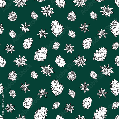 Christmas and New Year seamless pattern with pine cones, anise stars, and cloves. Christmas decoration. Hand drawn sketch 