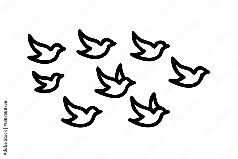 Illustration of birds in flight, showing various bird shapes in a minimalistic black and white design Illustration of birds in flight, showing various bird shapes in a minimalistic black and white design