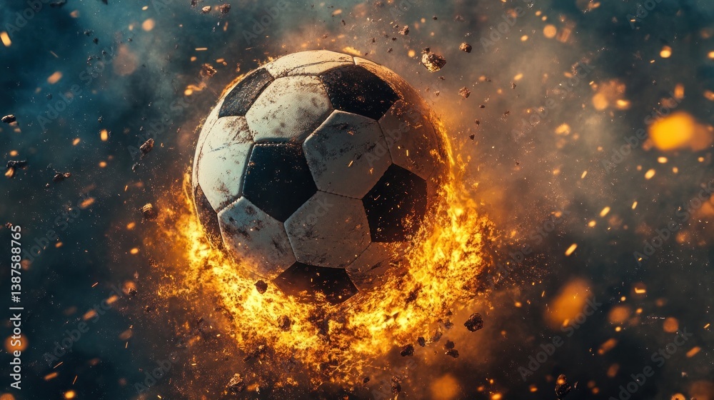 Fototapeta premium Explosive Soccer Ball Igniting Action in Dynamic Background