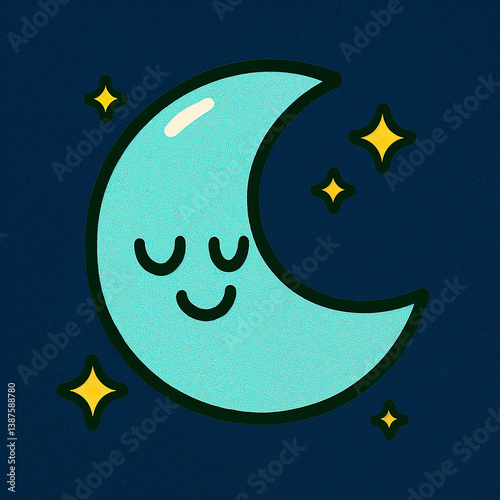 Kawaii cartoon moon smiling with stars against a dark background  