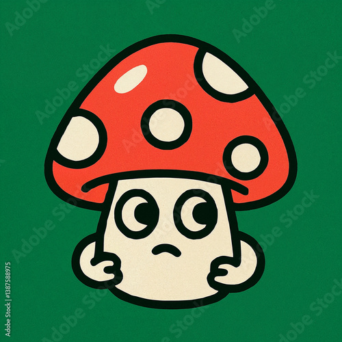 Kawaii mushroom character showing curiosity on green background  